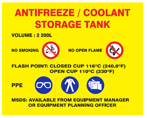 Antifreeze or Coolant Storage Tank safety sticker (MI35)